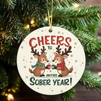 Reindeer Recovery Christmas Ornament, Cheers to Another Sober Year Ceramic Ornament, Sobriety Milestone Keepsake Ornament for Friend