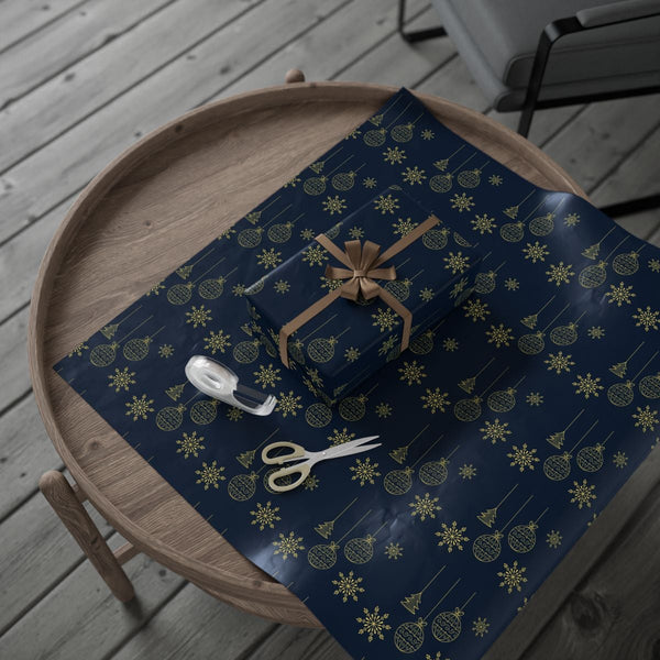 Snowflake Christmas Gift Wrap, Navy Blue Gold Wrapping Paper, Elegant Holiday Wrapping Paper Roll, Xmas Ornament Gift Wrap Pa