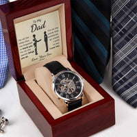 Openwork Mechanical Timepiece, Dad Automatic Skeleton Watch, Genuine Leather Band Dad Watch, LED Mahogany Box Christmas Present for Him
