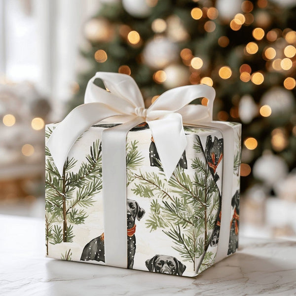 Watercolor Christmas Dog Gift Wrap, Black Lab Wrapping Paper, Snowy Tree Labrador Wrapping Paper, Holiday Pet Gift Wrap, Wint