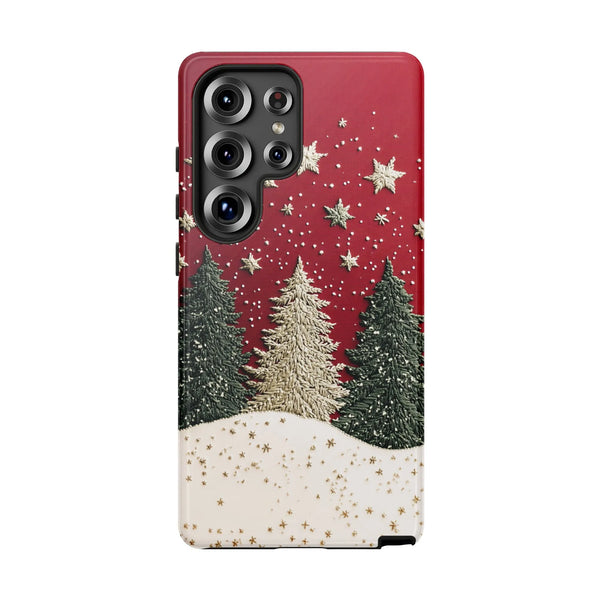 Snowy Pine Forest Red Phone Case, Christmas Winter Phone Case Samsung Galaxy, Holiday Trees Tough Phone Cover, Festive Xmas P