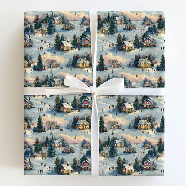 Snowy Christmas Wrapping Paper, Winter Village Wrapping Paper, Comfy Winter Town Gift Wrap, Nostalgic Holiday Wrapping Paper 