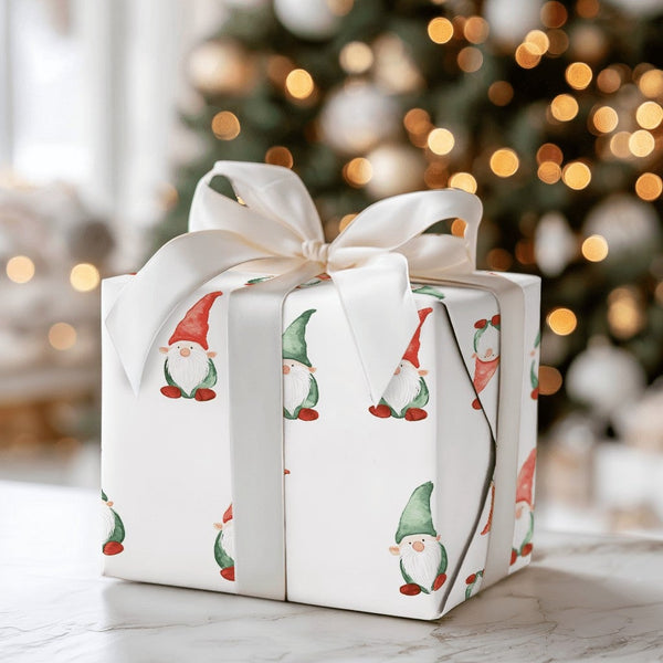 Red Green Holiday Gift Wrap, Watercolor Christmas Gnome Wrapping Paper, Adorable Gnome Pattern Wrapping Paper, Festive Xmas G