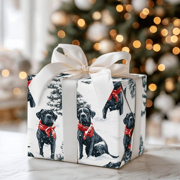 Black Dog in Red Scarf Gift Wrap, Cane Corso Christmas Wrapping Paper, Holiday Dog Lover Wrapping Paper Roll, Winter Pet Pres
