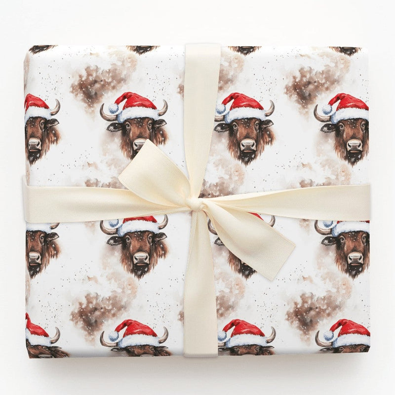 Santa Hat Buffalo Gift Wrap, Bison Christmas Wrapping Paper, Watercolor Animal Holiday Wrapping Paper, Winter Wildlife Gift Wrapping Paper