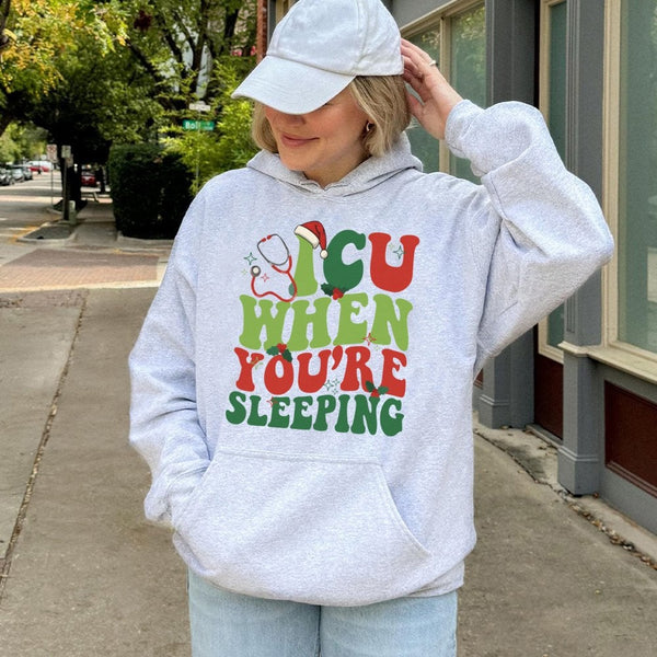 Humorous Medical Holiday Hooded Sweatshirt, ICU Nurse Christmas Hoodie, Adorable RN Winter Pullover, Nursing Student Xmas App