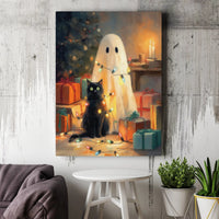 Whimsical Christmas Lights Printable Wall Art, Ghost and Black Cat Digital Download, Spooky Holiday Canvas Print, Comfy Winter Decor Poster