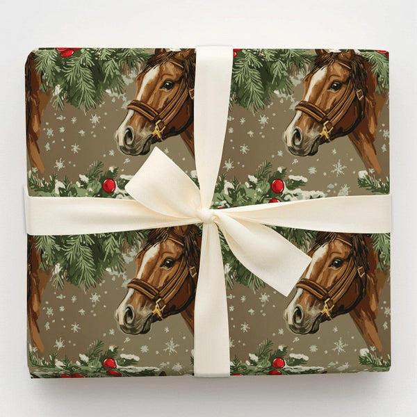 Pine Boughs Holiday Gift Wrap, Equestrian Horse Christmas Wrapping Paper, Winter Horse Wrapping Paper, Rustic Holiday Animal 