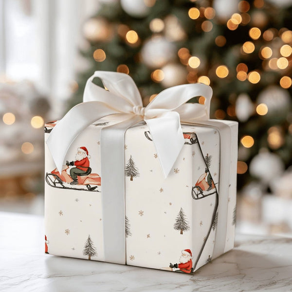Winter Santa Gift Wrap, Santa Snowmobile Wrapping Paper, Snowmobiling Santa Christmas Wrapping Paper, Rustic Holiday Present 