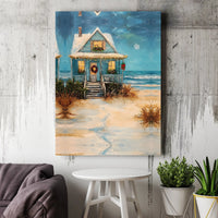 Snowy Seaside Cottage Oil Painting Print, Coastal Christmas Beach House Canvas Wall Art, Nautical Holiday Decor, Digital Download