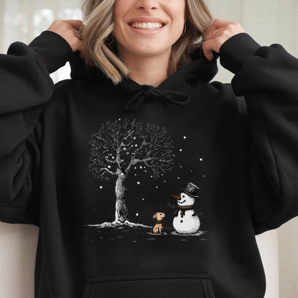 Adorable Winter Dog Hoodie, Snowman and Puppy Hoodie, Whimsical Holiday Snowman Hoodie, Comfy Christmas Dog Lover Sweatshirt,