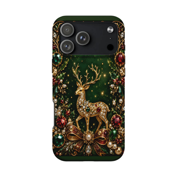 Ornate Gold Deer Holiday iPhone Case, Jeweled Reindeer Christmas Phone Case, Elegant Holly Filigree Phone Cover