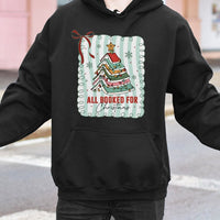 Book Stack Tree Graphic Hoodie, All Booked for Christmas Hoodie, Adorable Bookish Reader Hooded Sweatshirt, Librarian Xmas Pullover Hoodie Present