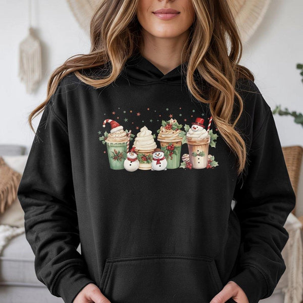 Christmas Coffee Hoodie, Watercolor Snowman Latte Hoodie, Comfy Holiday Coffee Hooded Sweatshirt, Winter Cafe Pullover, Coffe