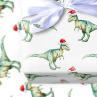 Watercolor TRex Dinosaur Gift Wrap, Dinosaur Christmas Wrapping Paper, Santa Hat Dinosaur Wrapping Paper, Kids Holiday Dinosaur Gift Wrap