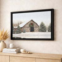 Snowy Landscape Canvas Print, Winter Barn Canvas Wall Art, Christmas Wreath Wall Decor, Rustic Holiday Farmhouse Canvas, Winter Art Present