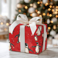 Red Winter Hat Holiday Gift Wrap, Adorable Penguin Christmas Wrapping Paper, Cartoon Penguin Wrapping Paper, Festive Snowflake Gift Wrap Roll