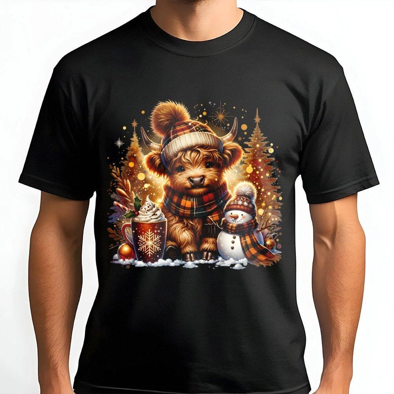 Comfy Winter Holiday Graphic Tee, Highland Cow Christmas T-Shirt, Adorable Farm Animal Holiday Shirt, Festive Cow Lover T-Shirt, Christmas Present