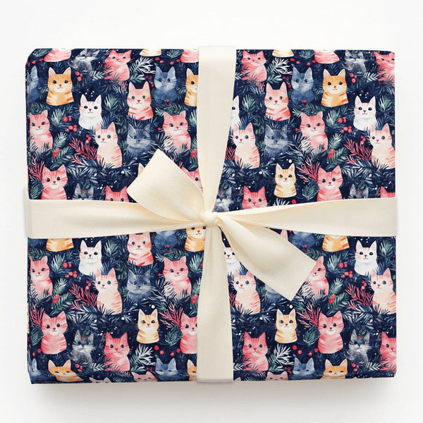 Watercolor Kitten Gift Wrap, Christmas Cat Wrapping Paper, Festive Holiday Wrapping Paper, Navy Winter Gift Wrap, Cat Lover P