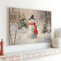 Winter Forest Snowman Painting Print, Snowman Wall Art Canvas, Christmas Holiday Canvas Wall Art, Rustic Winter Wall Decor, Festive Present