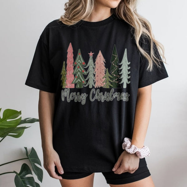 Boho Pine Forest Graphic Tee, Merry Christmas Tree T-Shirt, Festive Holiday Season T-Shirt, Botanical Winter Tree Shirt, Chri