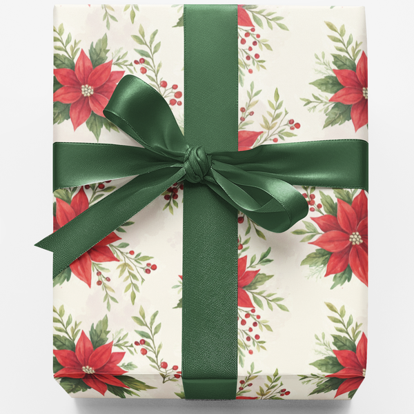 Watercolor Floral Gift Wrap Roll, Poinsettia Christmas Wrapping Paper, Holiday Poinsettia Gift Wrap, Botanical Xmas Paper Rol