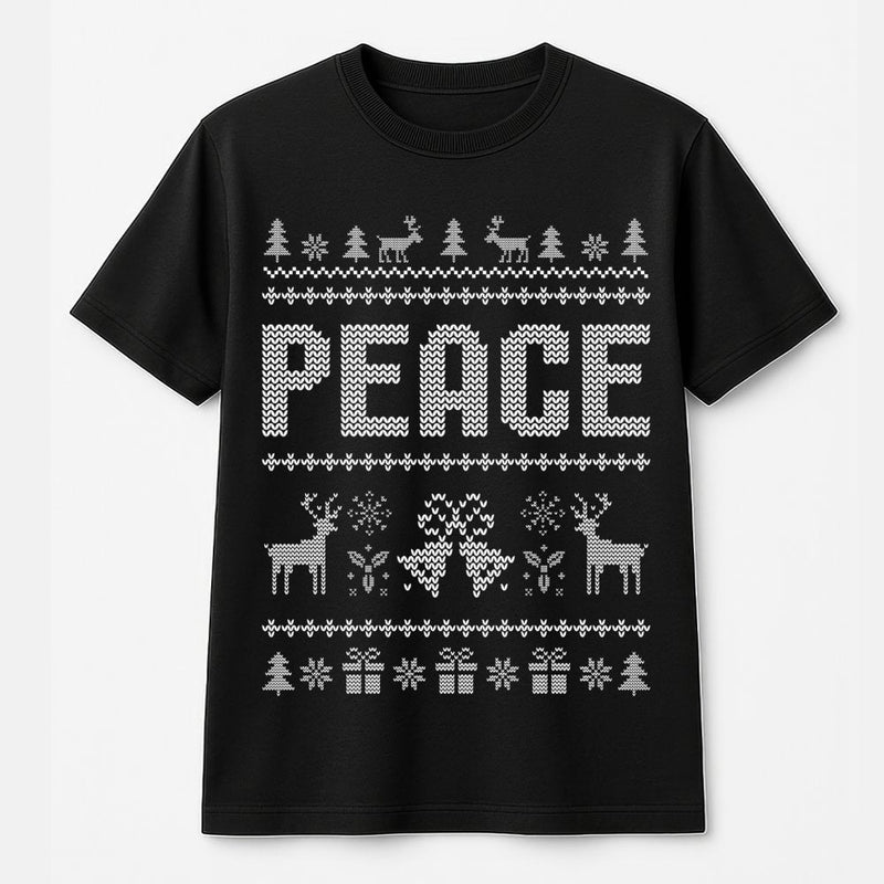 Festive Reindeer Nordic Pattern Shirt, Peace Ugly Christmas T-Shirt, Retro Holiday Xmas Graphic Tee, Matching Couples Christmas Shirt