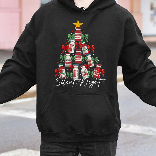 ICU Nurse Holiday Hoodie, Silent Night Medical Christmas Hoodie, Humorous Healthcare Xmas Hoodie, Hospital Worker Hooded Swea