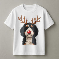 Reindeer Antlers Puppy Dog Graphic Tee, Bernedoodle Christmas T-Shirt, Doodle Pet Holiday Shirt, Adorable Dog Mom Winter Season Graphic Top