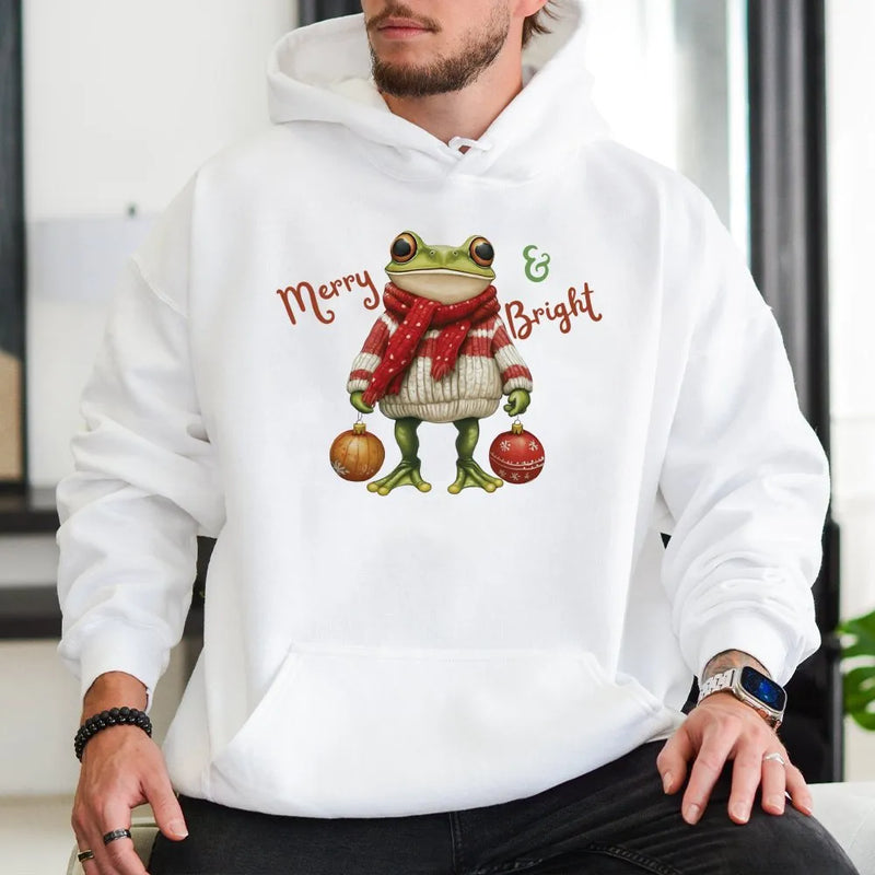 Merry and Bright Frog Sweatshirt, Christmas Frog Hoodie, Adorable Animal Holiday Hoodie, Festive Xmas Frog Hooded Pullover, Winter Season Present