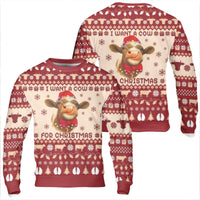 Highland Cow Santa Hat Sweater, I Want a Cow for Christmas Sweatshirt, Adorable Farm Animal Holiday Pullover, Festive Winter Crewneck, Xmas Present