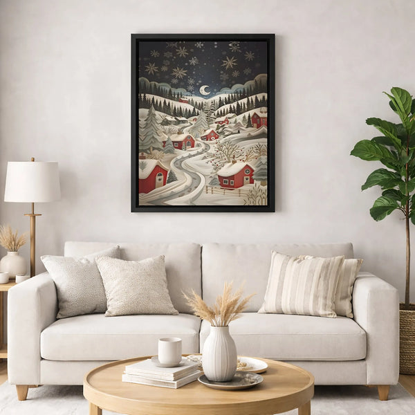 Snowy Night Red House Canvas Print, Winter Village Canvas Wall Art, Christmas Landscape Canvas, Comfy Holiday Wall Decor, Win