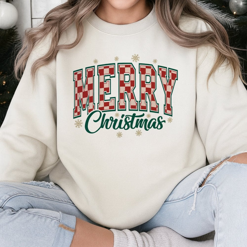 Retro Varsity Holiday Sweatshirt, Red Checkerboard Merry Christmas Sweatshirt, Adorable Xmas Graphic Sweatshirt, Holiday Crewneck, Present for Her