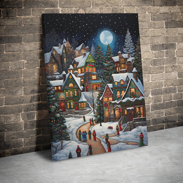 Whimsical Winter Night Canvas Print, Snowy Christmas Village Canvas Wall Art, Holiday Town Scene Canvas Decor