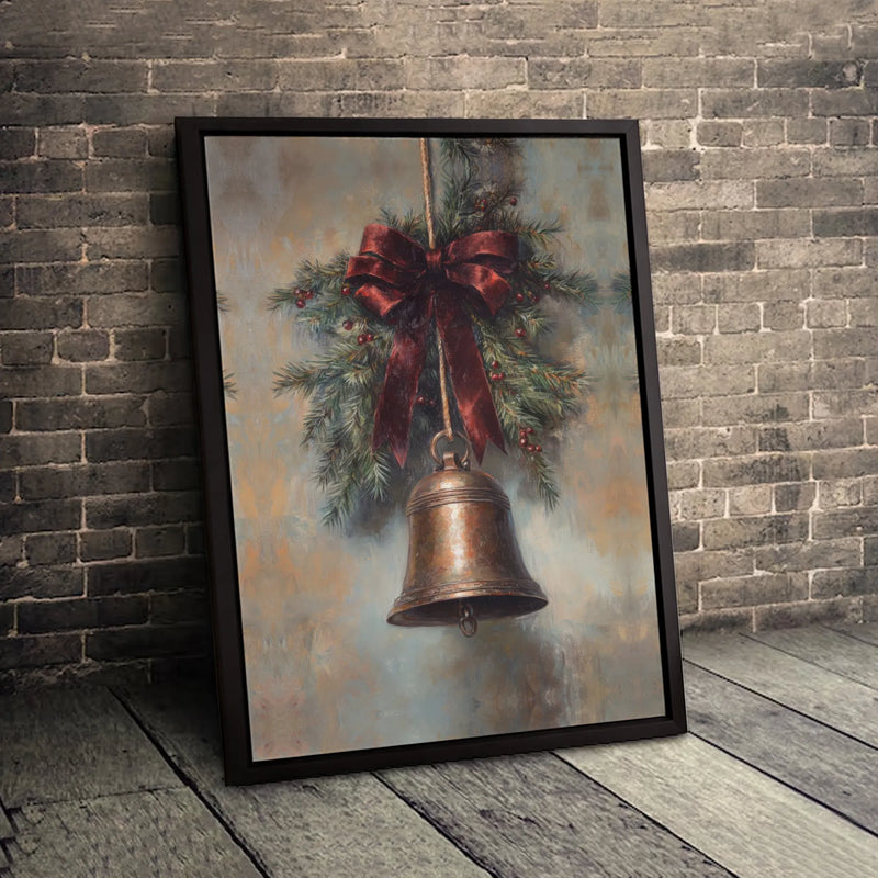 Pine Bough Red Bow Poster, Vintage Christmas Bell Wall Art Digital Download, Rustic Holiday Painting Print, Farmhouse Xmas Wall Decor Present