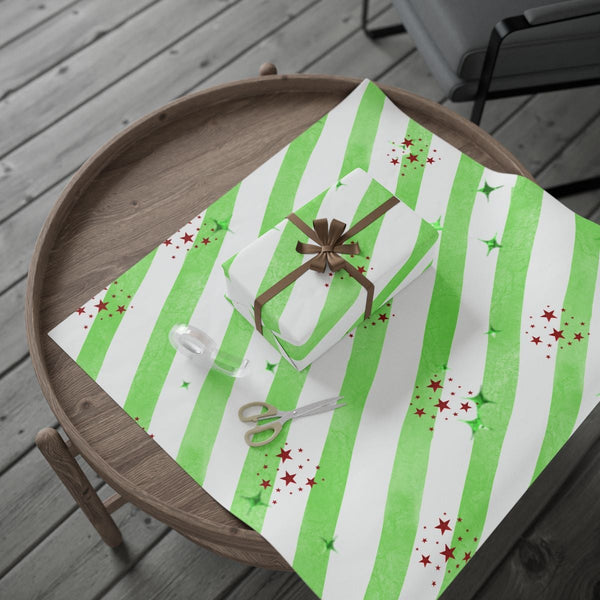Red Stars Gift Wrap, Green Striped Wrapping Paper, Striped Star Pattern Wrapping Paper, Holiday Present Gift Wrap, Christmas 