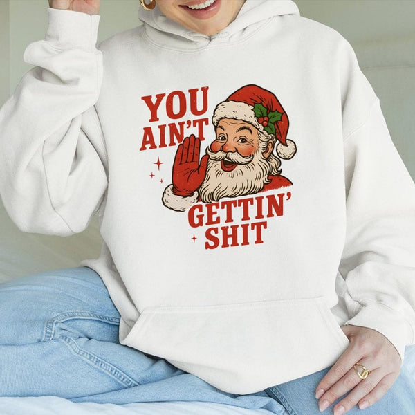 Humorous Santa Christmas Sweatshirt, You Ain't Gettin' Sh Hoodie, Naughty List Holiday Hooded Pullover, Adult Humor Xmas Grap