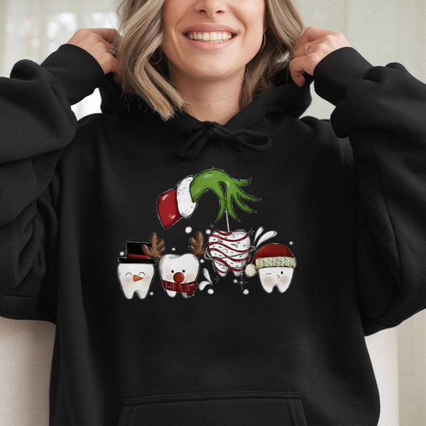 Humorous Dental Tooth Holiday Hooded Sweatshirt, Dentist Christmas Hoodie, Hygienist Christmas Sweater, Dental Clinic Holiday