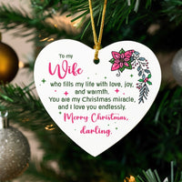 Romantic Ceramic Tree Ornament, To My Wife Heart Christmas Ornament, Meaningful Holiday Keepsake Ornament, Love Present for Wife, Xmas Decor