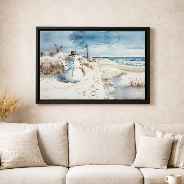 Snowy Beach Holiday Canvas Print, Coastal Snowman Canvas Wall Art, Watercolor Snowman Canvas, Coastal Christmas Wall Decor