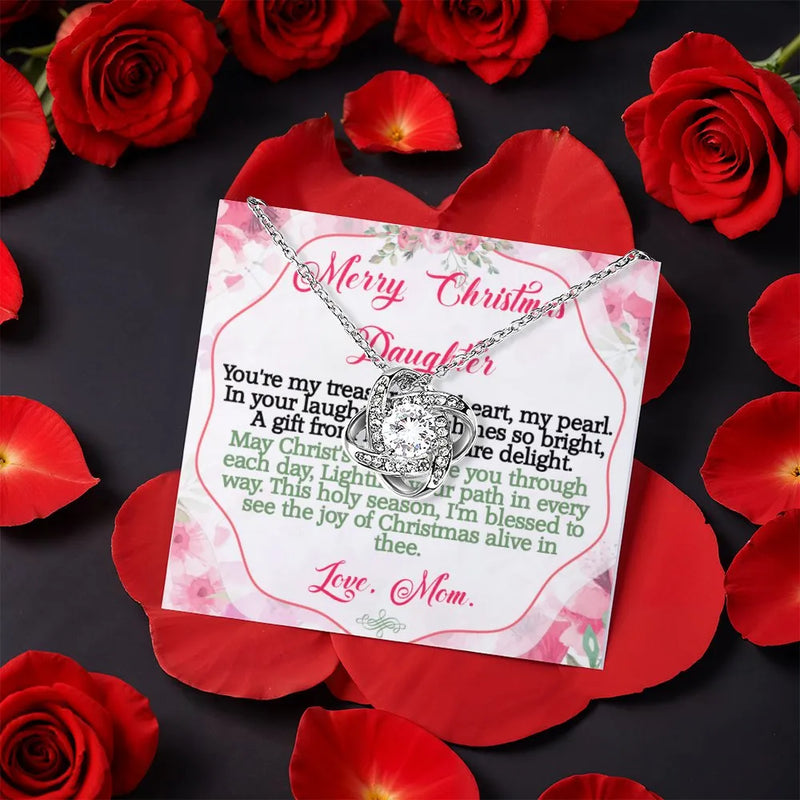 Christmas Knot Necklace with Rotating Rose Box, To My Daughter Love Knot Necklace from Mom, Sparkling CZ Pendant Necklace, Holiday Present