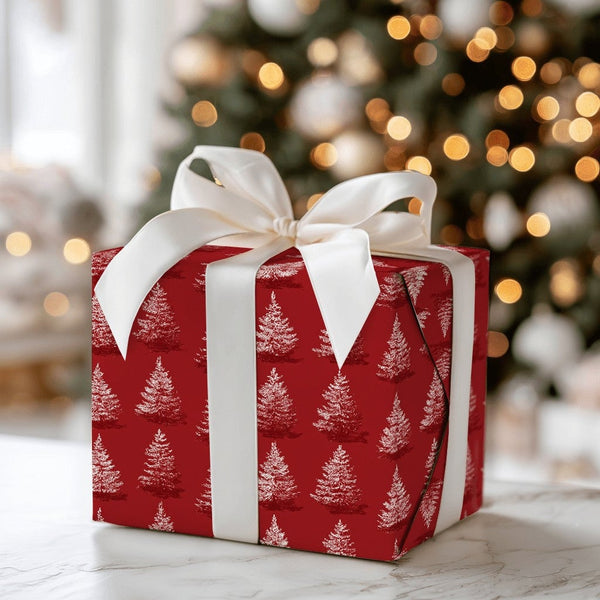 White Pine Tree Pattern Gift Wrap, Red Christmas Wrapping Paper, Classic Rustic Holiday Gift Wrapping Paper, Winter Season Pa