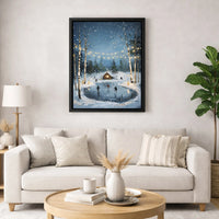 Snowy Birch Forest Cabin Poster, Winter Ice Skating Pond Wall Art, Comfy Christmas Holiday Scene Print, Winter Decor, Digital Download