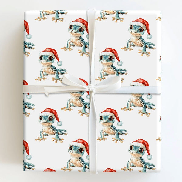 Santa Hat Lizard Gift Wrap Roll, Adorable Gecko Christmas Wrapping Paper, Watercolor Animal Wrapping Paper, Reptile Lover Hol