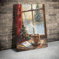 Snowy Landscape and Coffee Print, Comfy Christmas Window Canvas Wall Art, Festive Holiday Canvas Decor, Winter Season Wall Art Present for Home