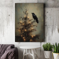 Dark Academia Holiday Canvas Print, Gothic Crow Christmas Tree Canvas, Spooky Raven Winter Wall Art, Moody Gothic Xmas Canvas Wall Decor