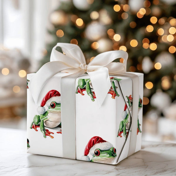 Red Eyed Frog Santa Hat Gift Wrap Roll, Tree Frog Christmas Wrapping Paper, Adorable Animal Holiday Wrapping Paper, Whimsical