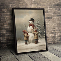 Children Building Snowman Winter Canvas, Vintage Snowman Canvas Wall Art Print, Christmas Holiday Canvas Poster, Digital Download