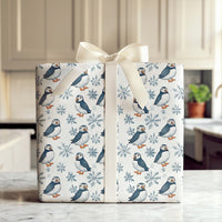 Winter Snowflake Gift Wrap, Puffin Bird Wrapping Paper, Adorable Arctic Animal Wrapping Paper, Christmas Holiday Gift Wrap Roll, Birthday Paper