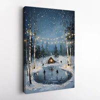 Snowy Cabin Canvas Print, Winter Ice Skating Canvas Art, Comfy Christmas Holiday Wall Decor, Winter Landscape Canvas Wall Art, Holiday Present